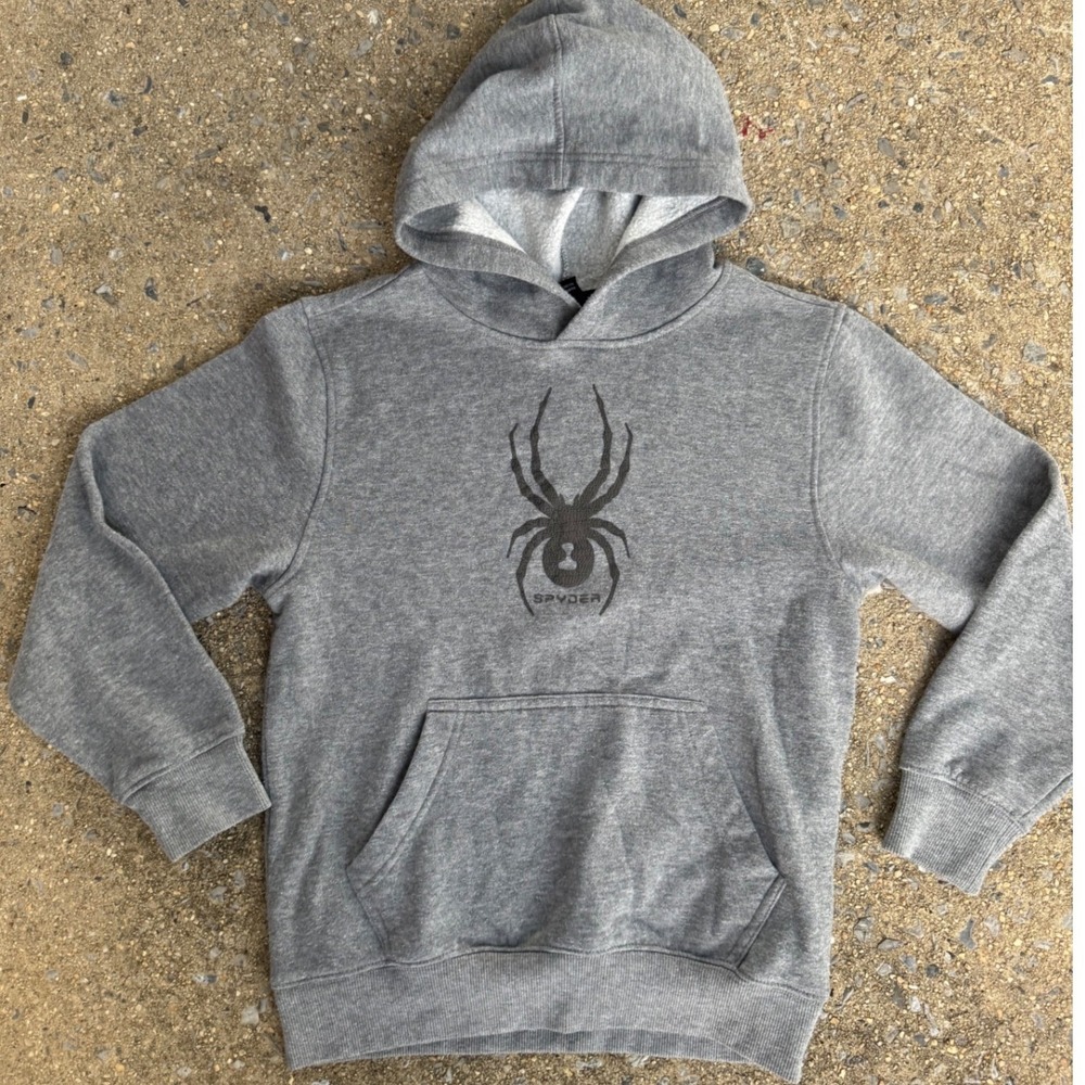 Spyder Boys Gray Fleece Lined Hoodie Spider Logo Sweatshirt Size M 10/12